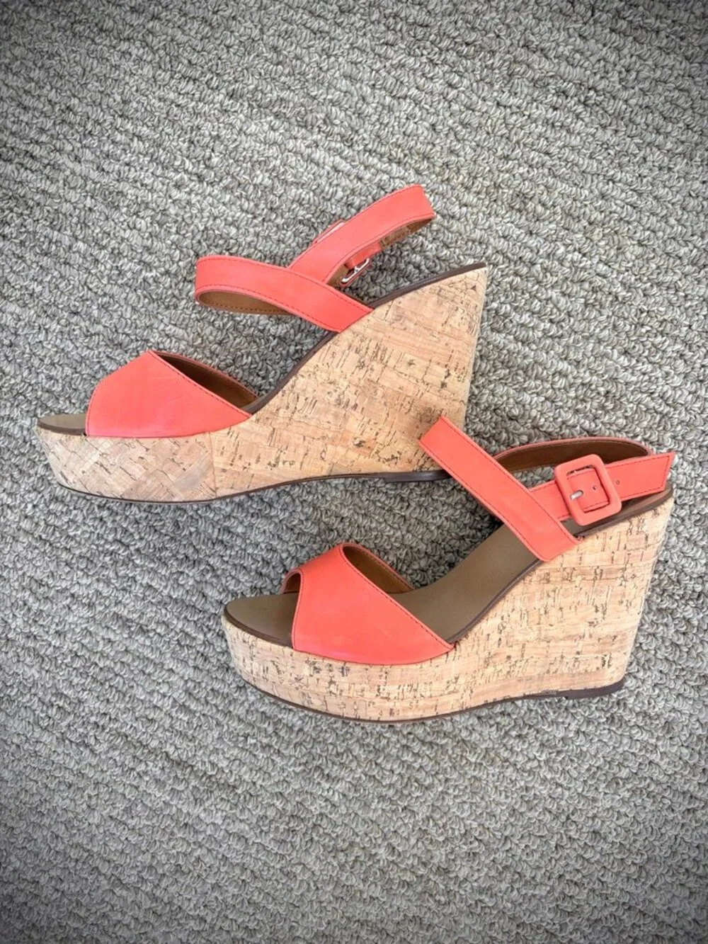 J. Crew Maryann Leather Cork Wedge Platform Sandals in Coral, 7M